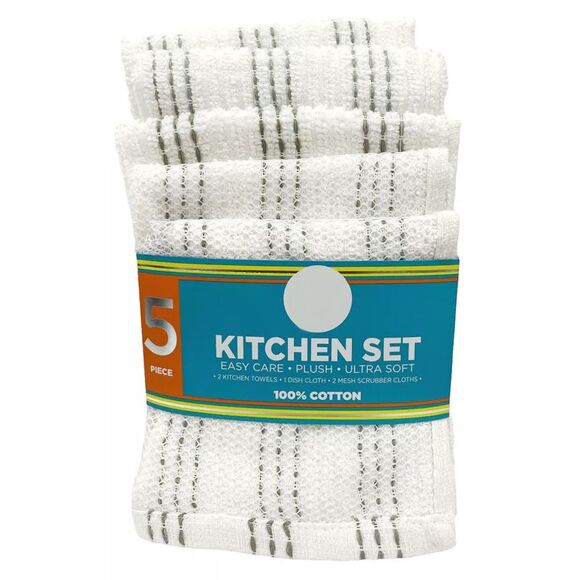 Sultan's Linens 5 PC Kitchen Towel, Dishcloth & Scrubber Set in White & Grey - Picture 3 of 5